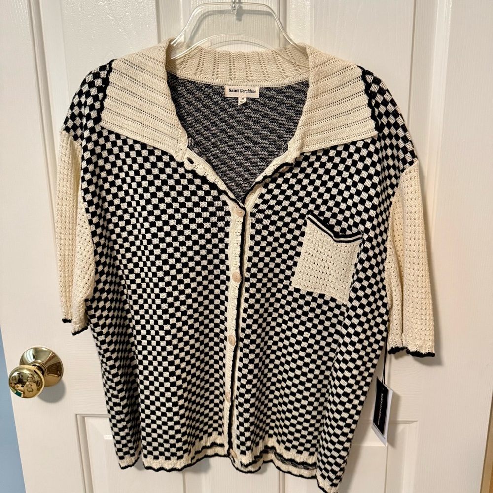 Saint Geraldine Black & Cream Checker Knit Polo Cardigan NWT